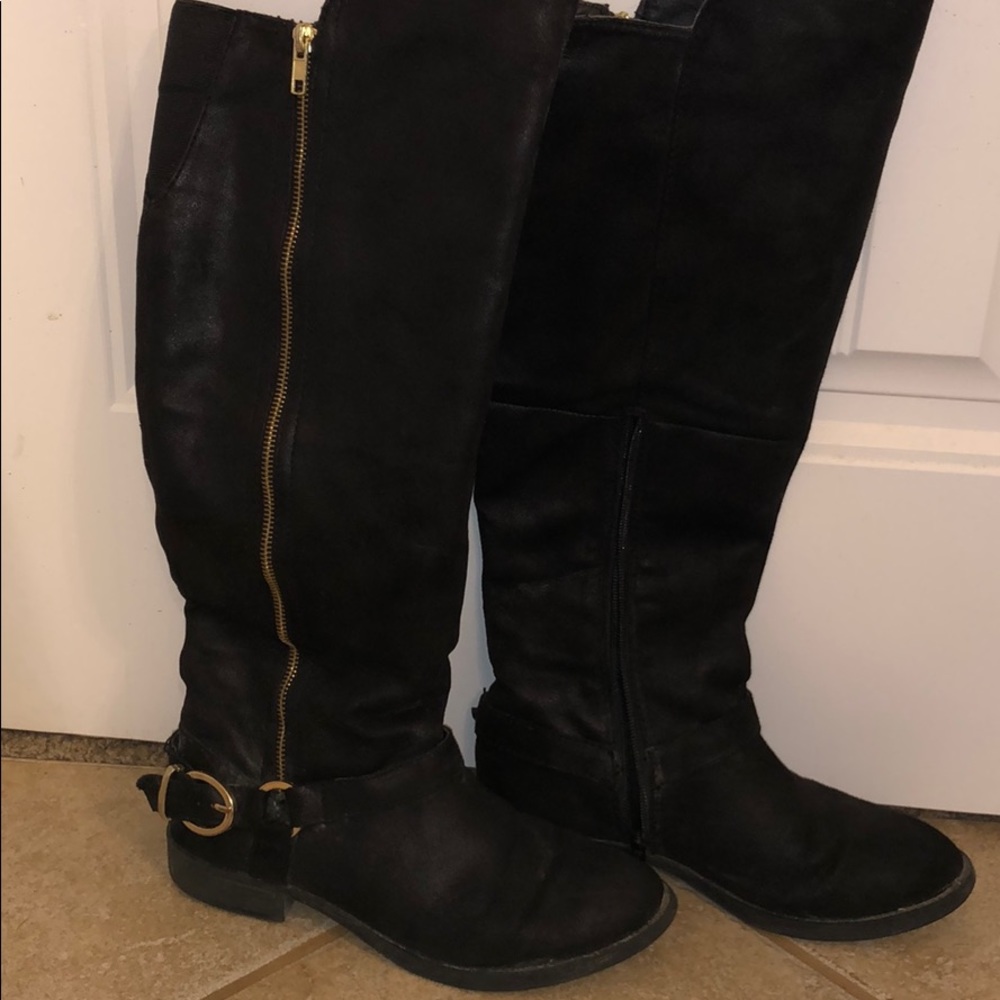 Black Suede Riding Boots with Gold Hardware